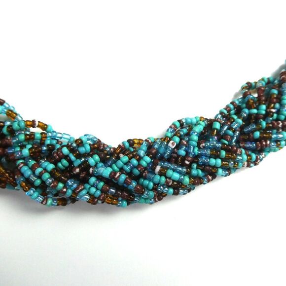 Woven Braded Multi Strand Seed Beaded Necklace Blue Teal Brown 21" Bib Statement - Picture 4 of 7